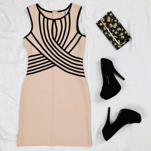 Powder pink evening dress with black ribbed design